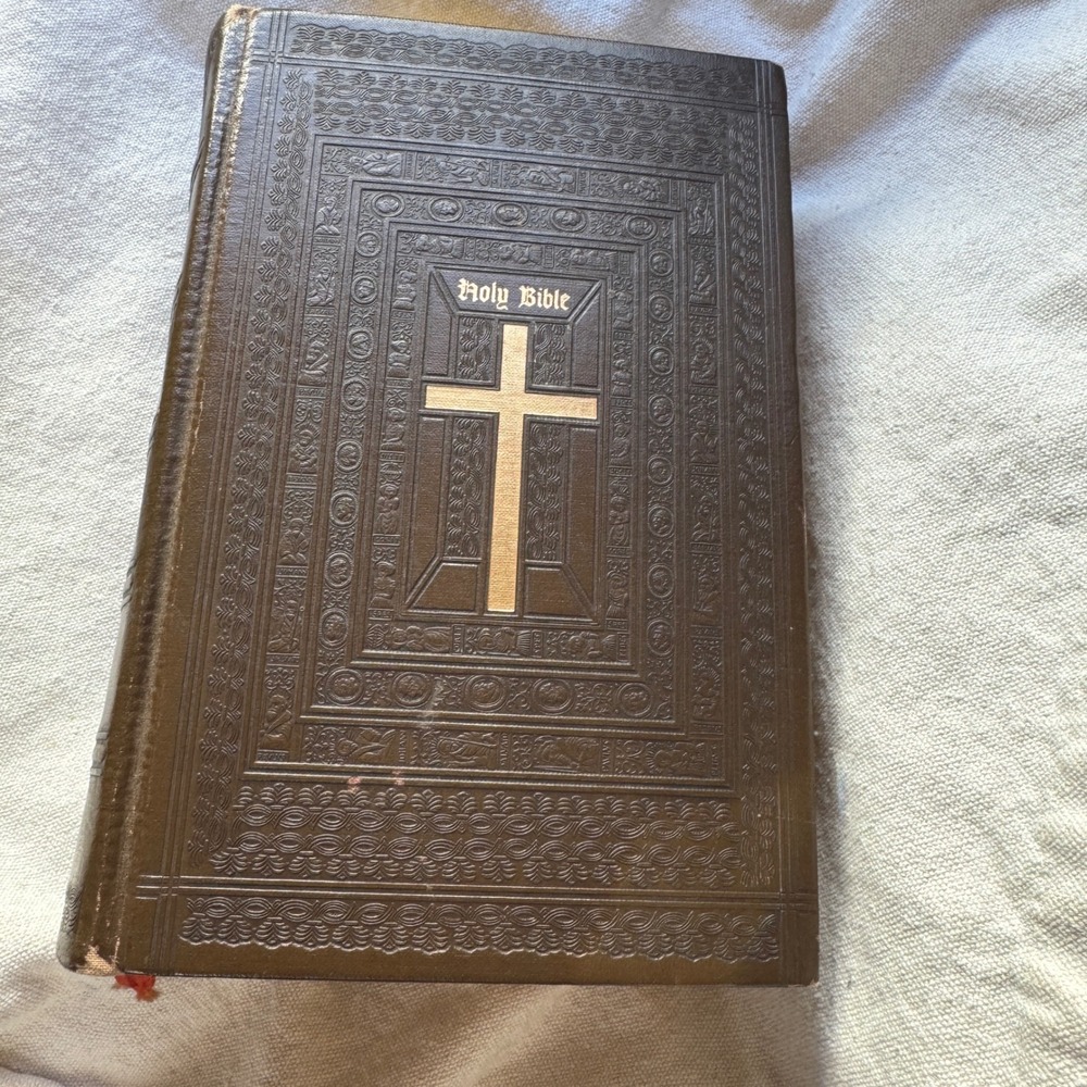 Vintage 1953 Catholic Family Holy Bible Brown Gold Cross Ornate Gilt 1950s